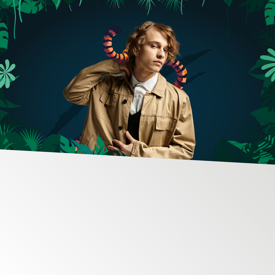 Man among leaves with tiger tail