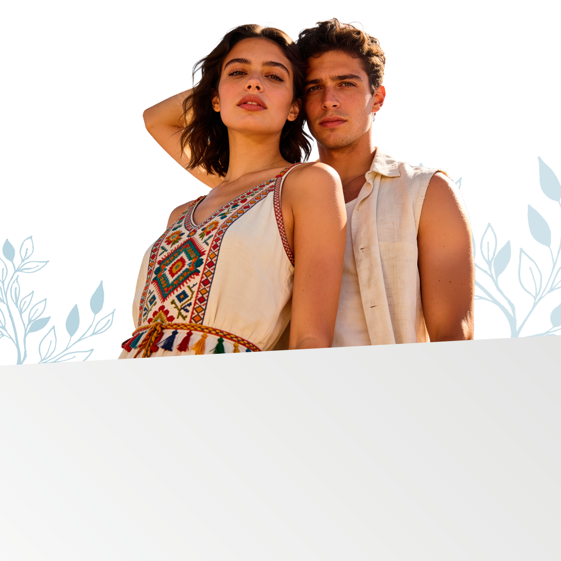 a woman and a man dressed in neutral colors