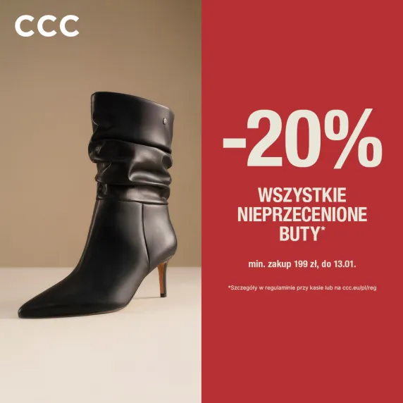 czarny kozak na tle beżowym i czerwona, pionowa  apla z tekstem 