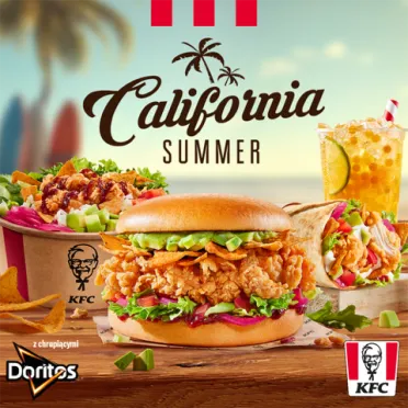 produkty KFC na tle palmy i plaży 